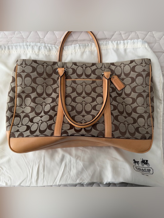Coach Handbags - Coach Signature Canvas Travel Tote in Brown and Tan Leather Trim